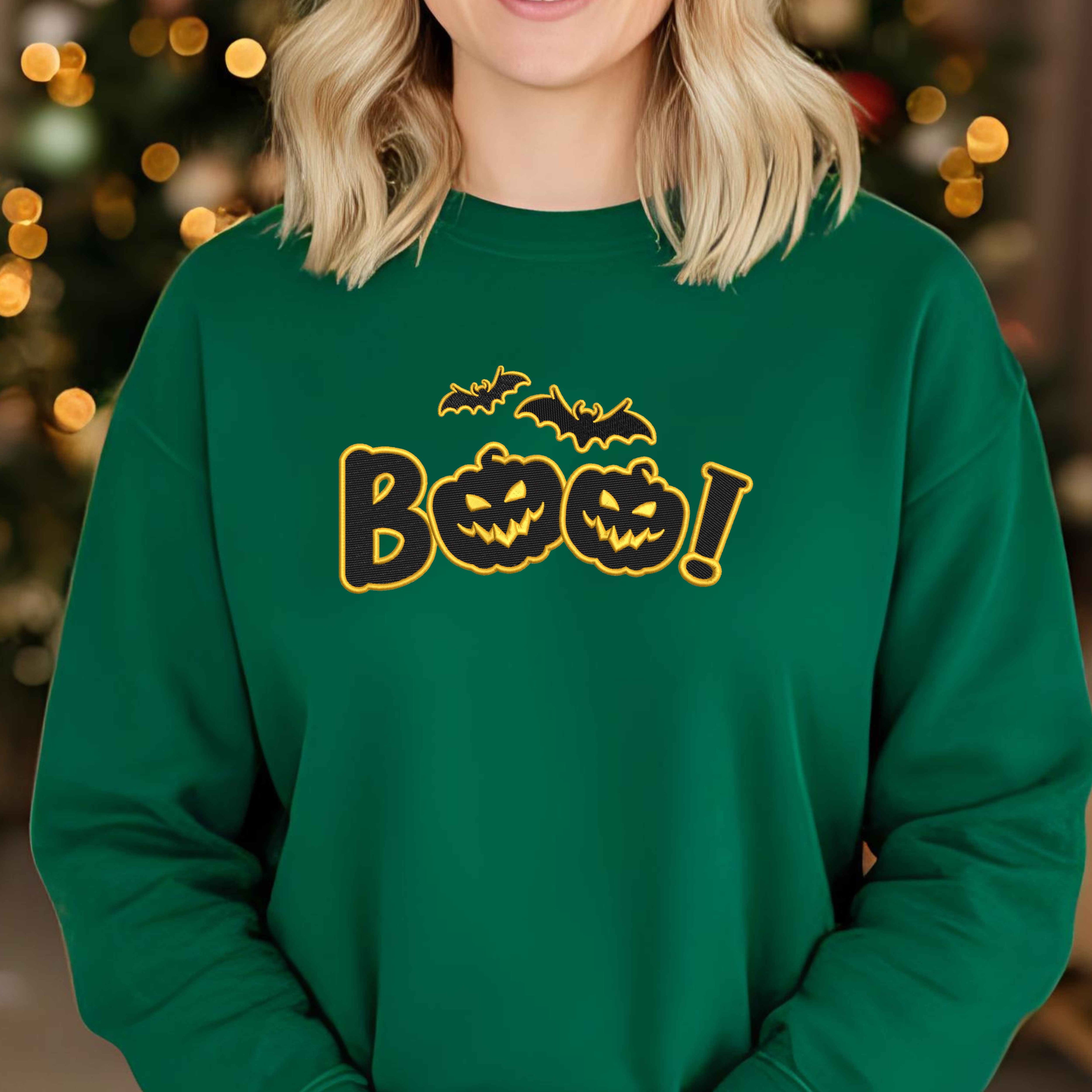 Halloween Embroidered “Boo” Sweatshirt – Spooky Jack-O’-Lantern with flying bats | Fall Cozy Pullover
