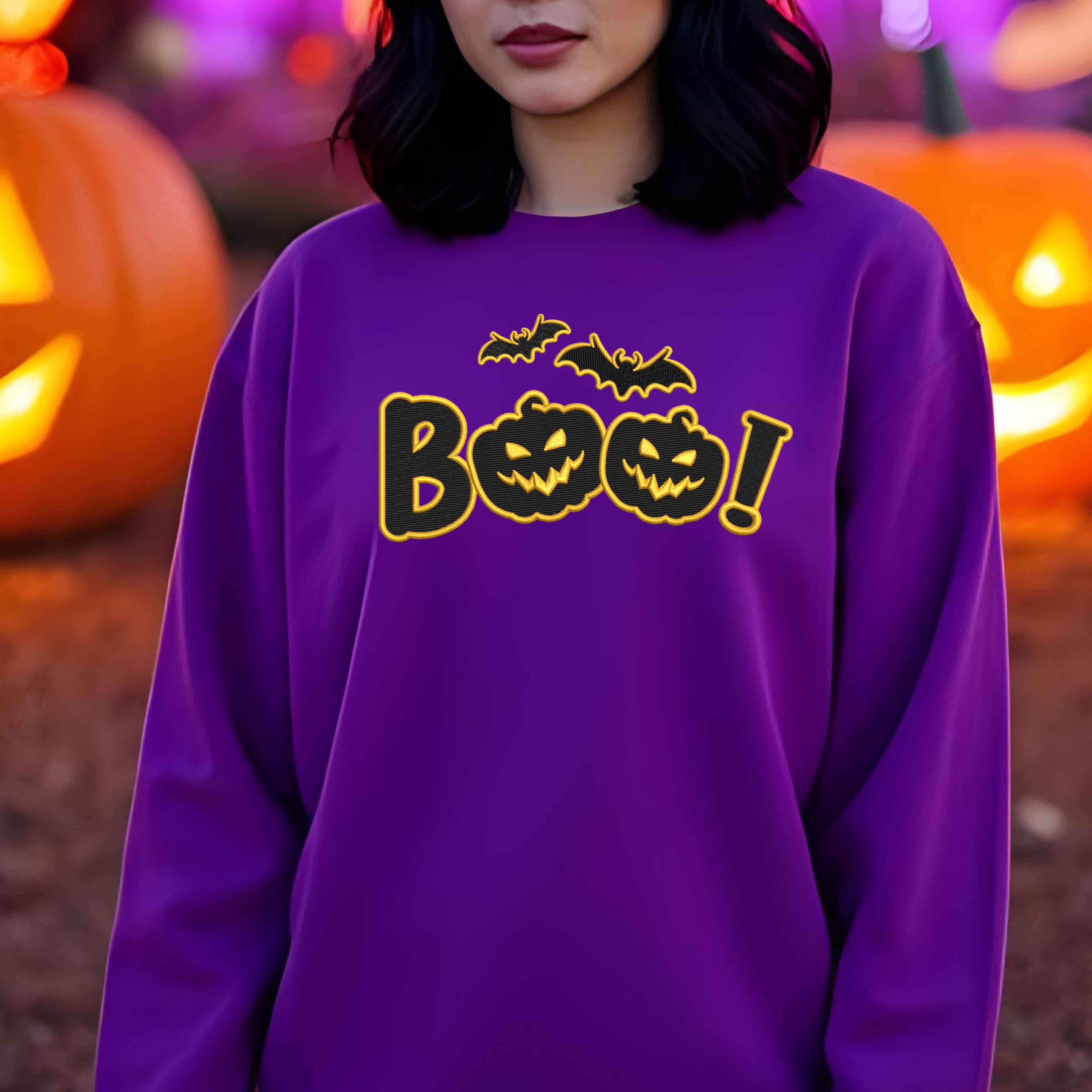 Halloween Embroidered “Boo” Sweatshirt – Spooky Jack-O’-Lantern with flying bats | Fall Cozy Pullover