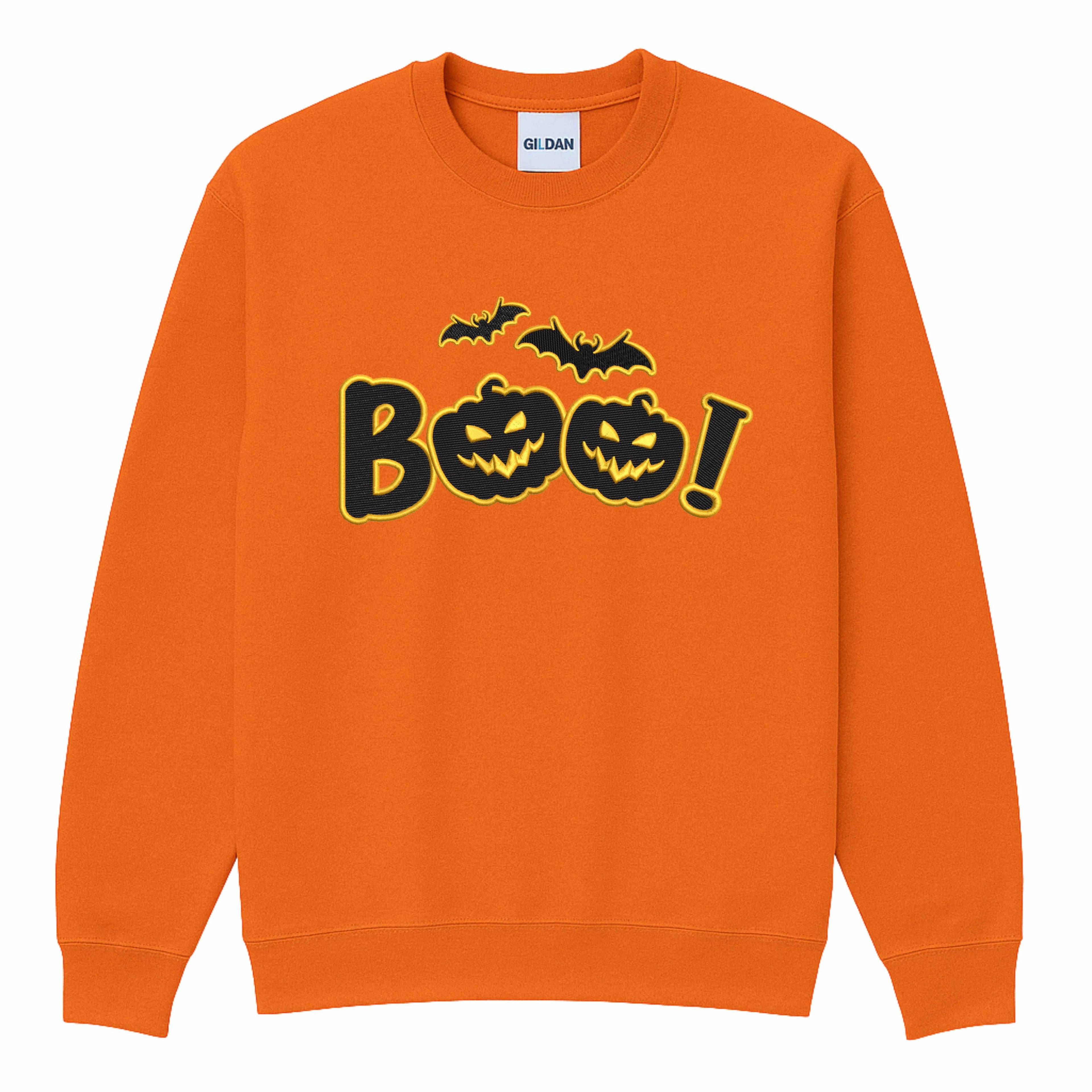 Halloween Embroidered “Boo” Sweatshirt – Spooky Jack-O’-Lantern with flying bats | Fall Cozy Pullover