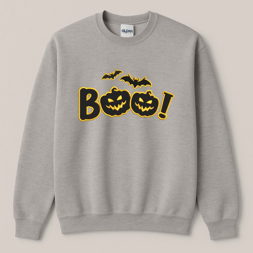 Halloween Embroidered “Boo” Sweatshirt – Spooky Jack-O’-Lantern with flying bats | Fall Cozy Pullover