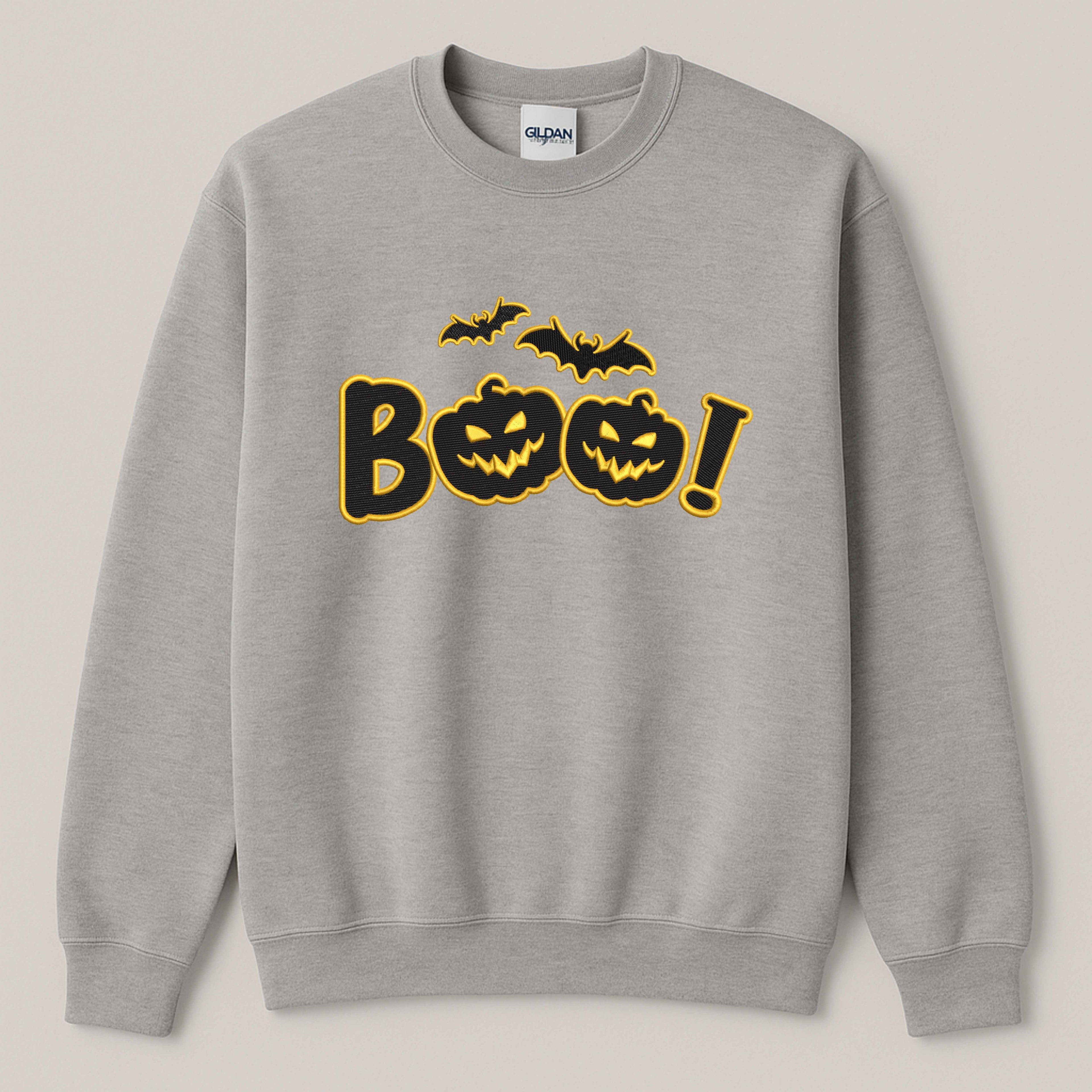 Halloween Embroidered “Boo” Sweatshirt – Spooky Jack-O’-Lantern with flying bats | Fall Cozy Pullover