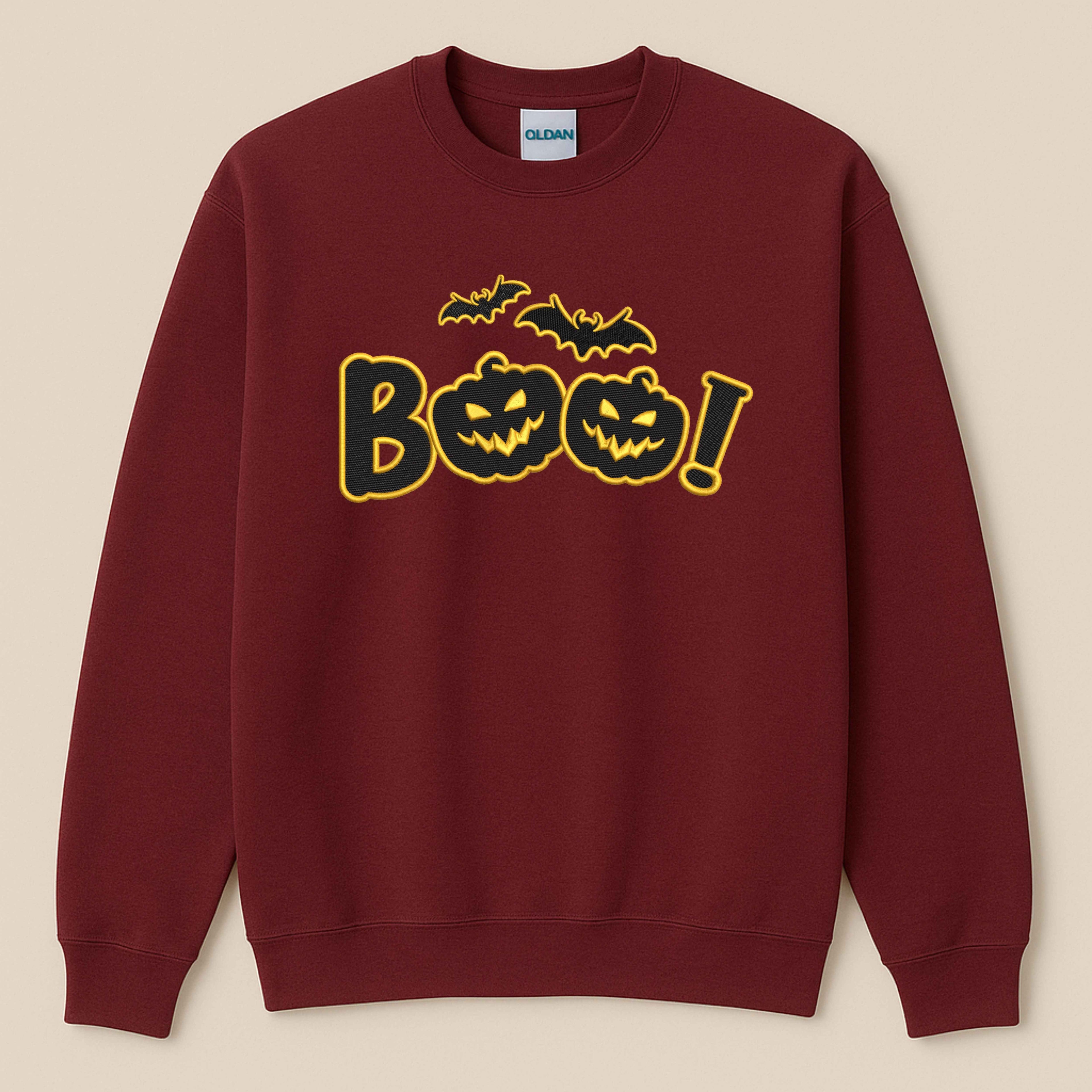Halloween Embroidered “Boo” Sweatshirt – Spooky Jack-O’-Lantern with flying bats | Fall Cozy Pullover
