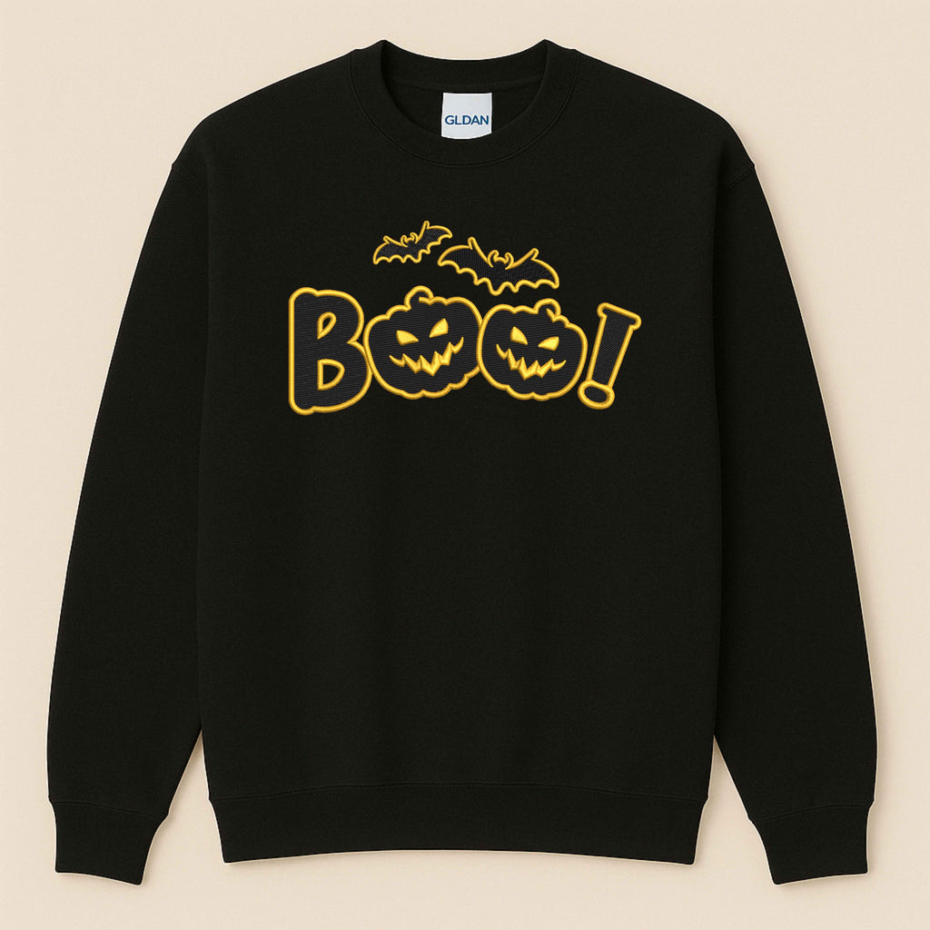 Halloween Embroidered “Boo” Sweatshirt – Spooky Jack-O’-Lantern with flying bats | Fall Cozy Pullover