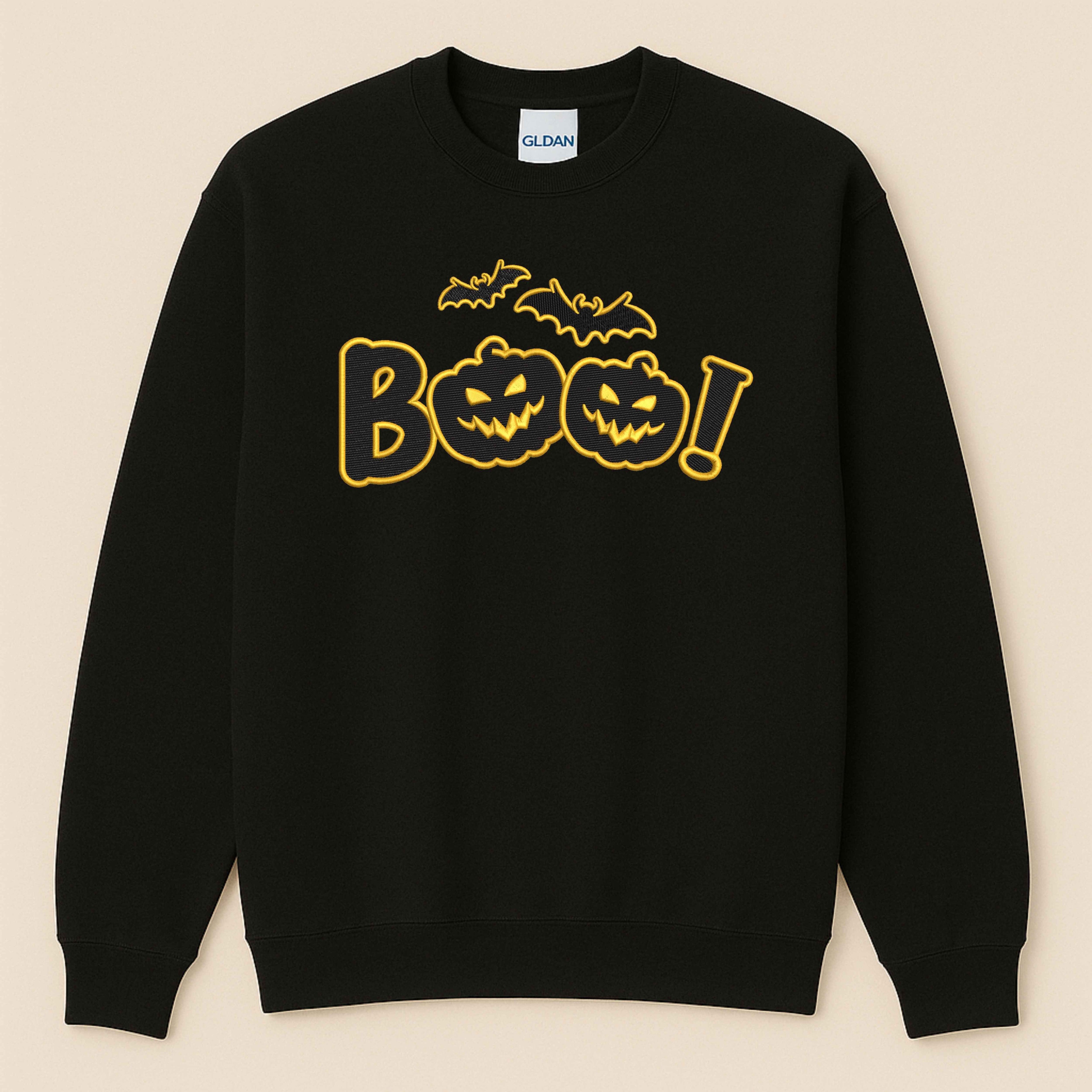 Halloween Embroidered “Boo” Sweatshirt – Spooky Jack-O’-Lantern with flying bats | Fall Cozy Pullover