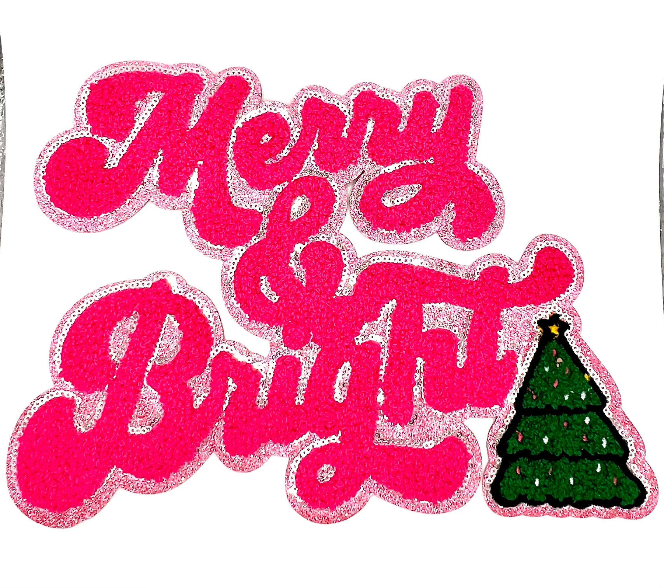 “Merry & Bright” Pink Christmas Chenille Shimmer Embroidered Iron-On Patch