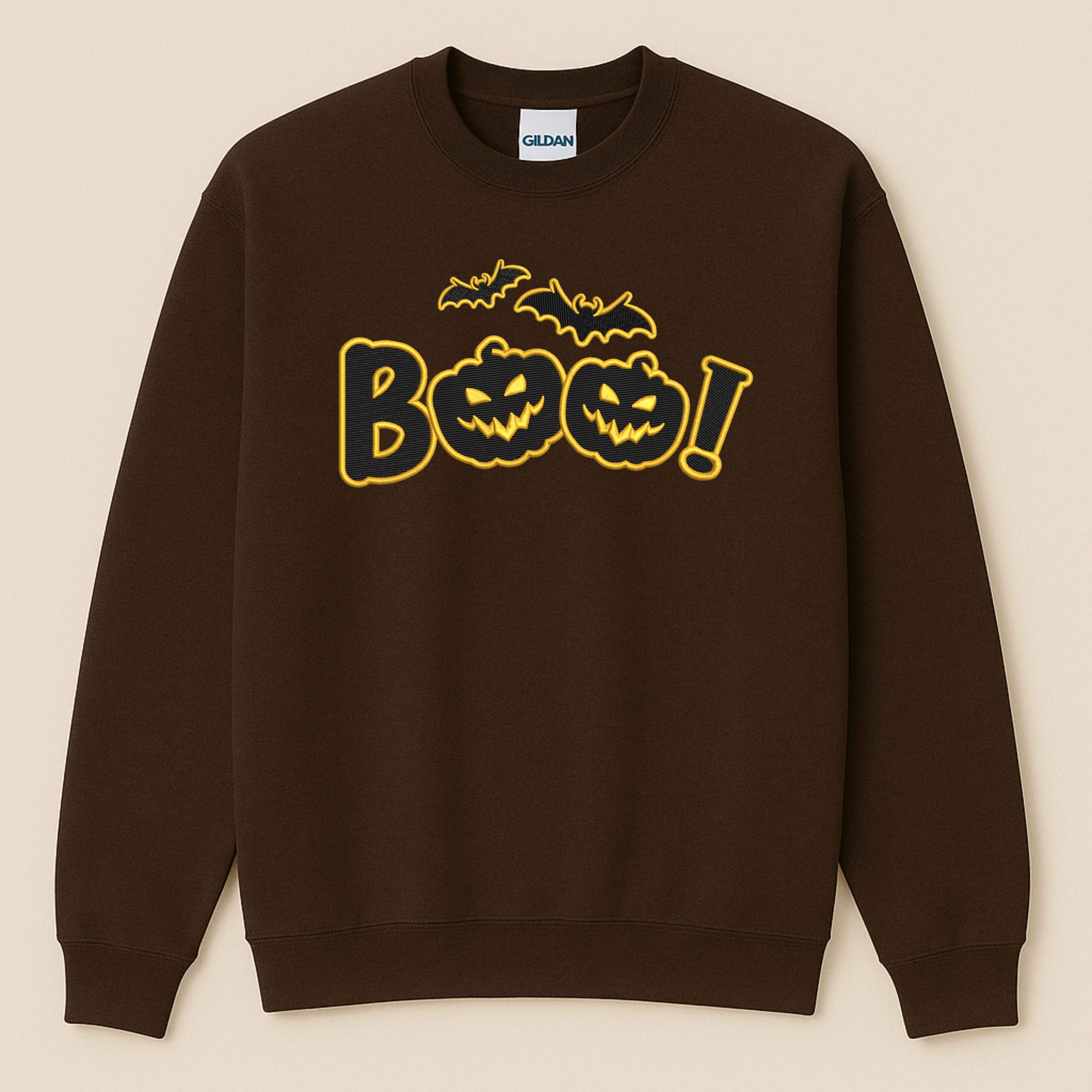 Halloween Embroidered “Boo” Sweatshirt – Spooky Jack-O’-Lantern with flying bats | Fall Cozy Pullover
