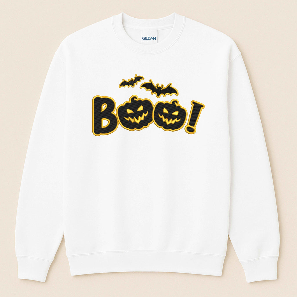 Halloween Embroidered “Boo” Sweatshirt – Spooky Jack-O’-Lantern with flying bats | Fall Cozy Pullover