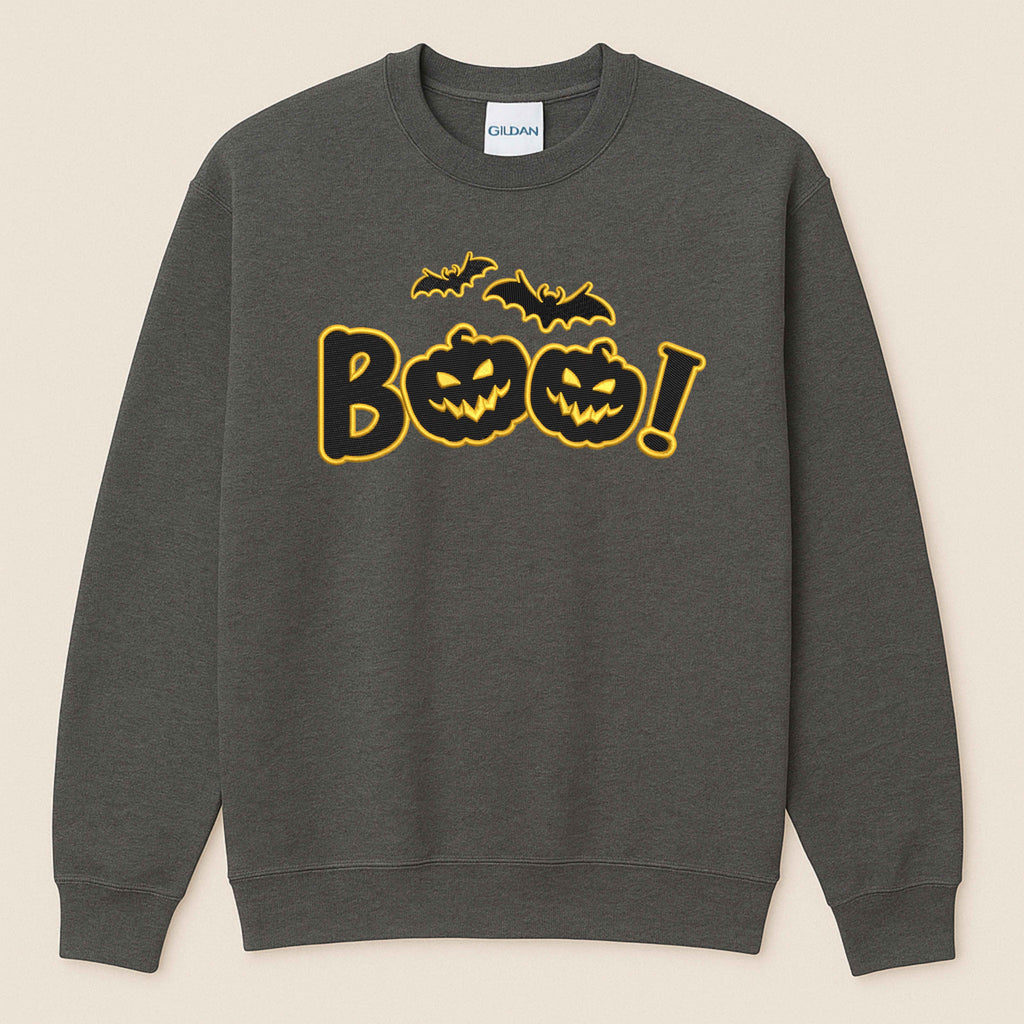 Halloween Embroidered “Boo” Sweatshirt – Spooky Jack-O’-Lantern with flying bats | Fall Cozy Pullover