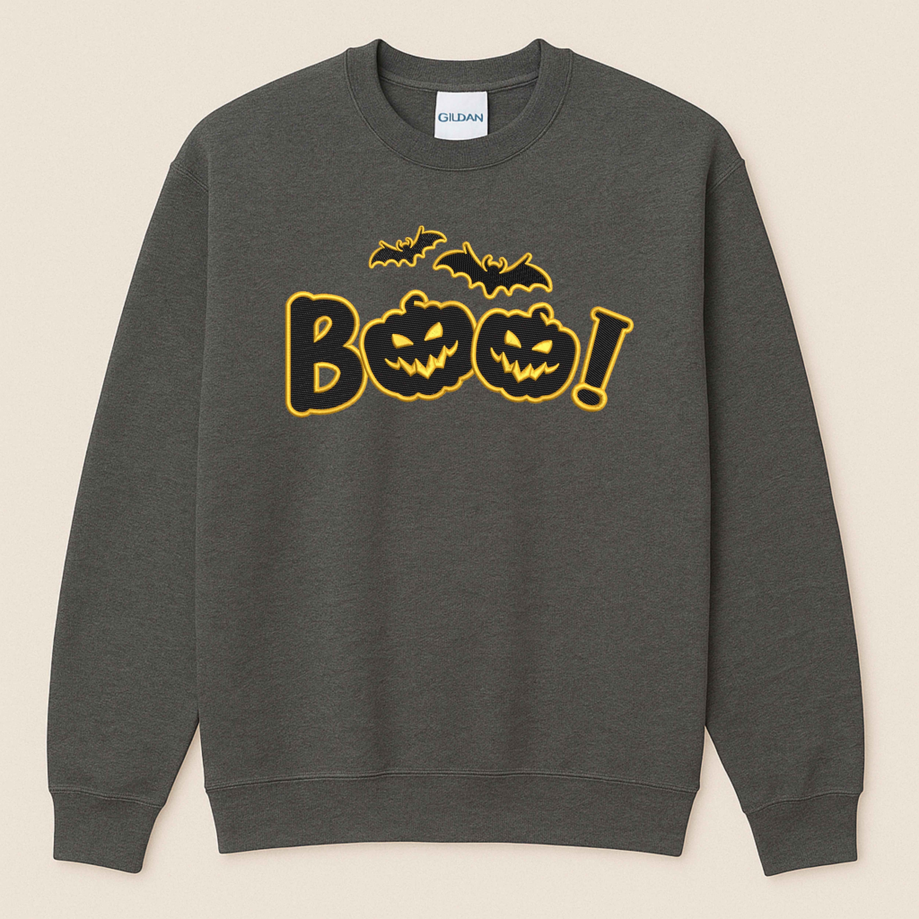 Halloween Embroidered “Boo” Sweatshirt – Spooky Jack-O’-Lantern with flying bats | Fall Cozy Pullover