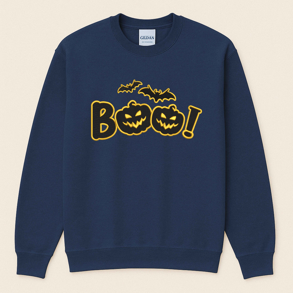 Halloween Embroidered “Boo” Sweatshirt – Spooky Jack-O’-Lantern with flying bats | Fall Cozy Pullover