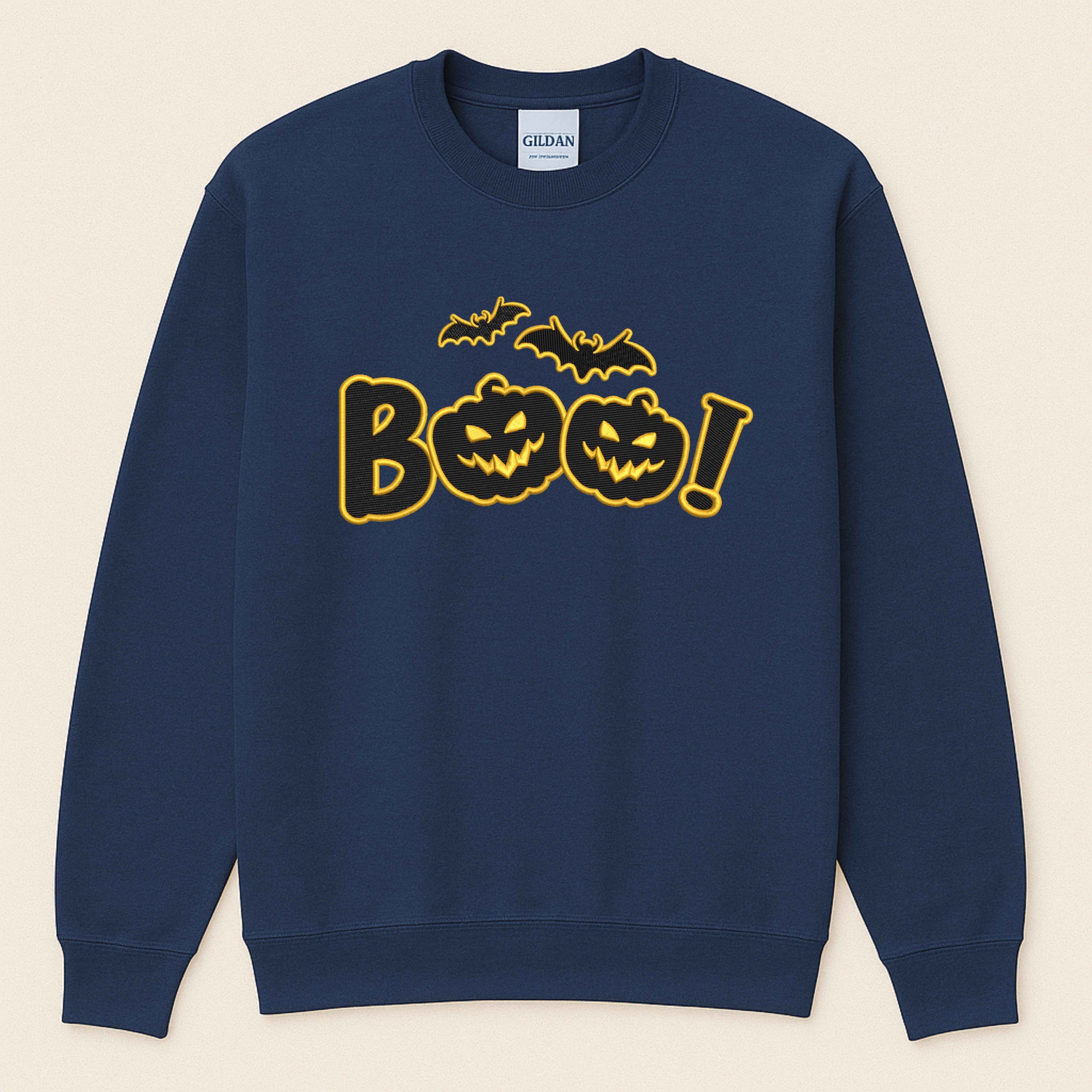 Halloween Embroidered “Boo” Sweatshirt – Spooky Jack-O’-Lantern with flying bats | Fall Cozy Pullover