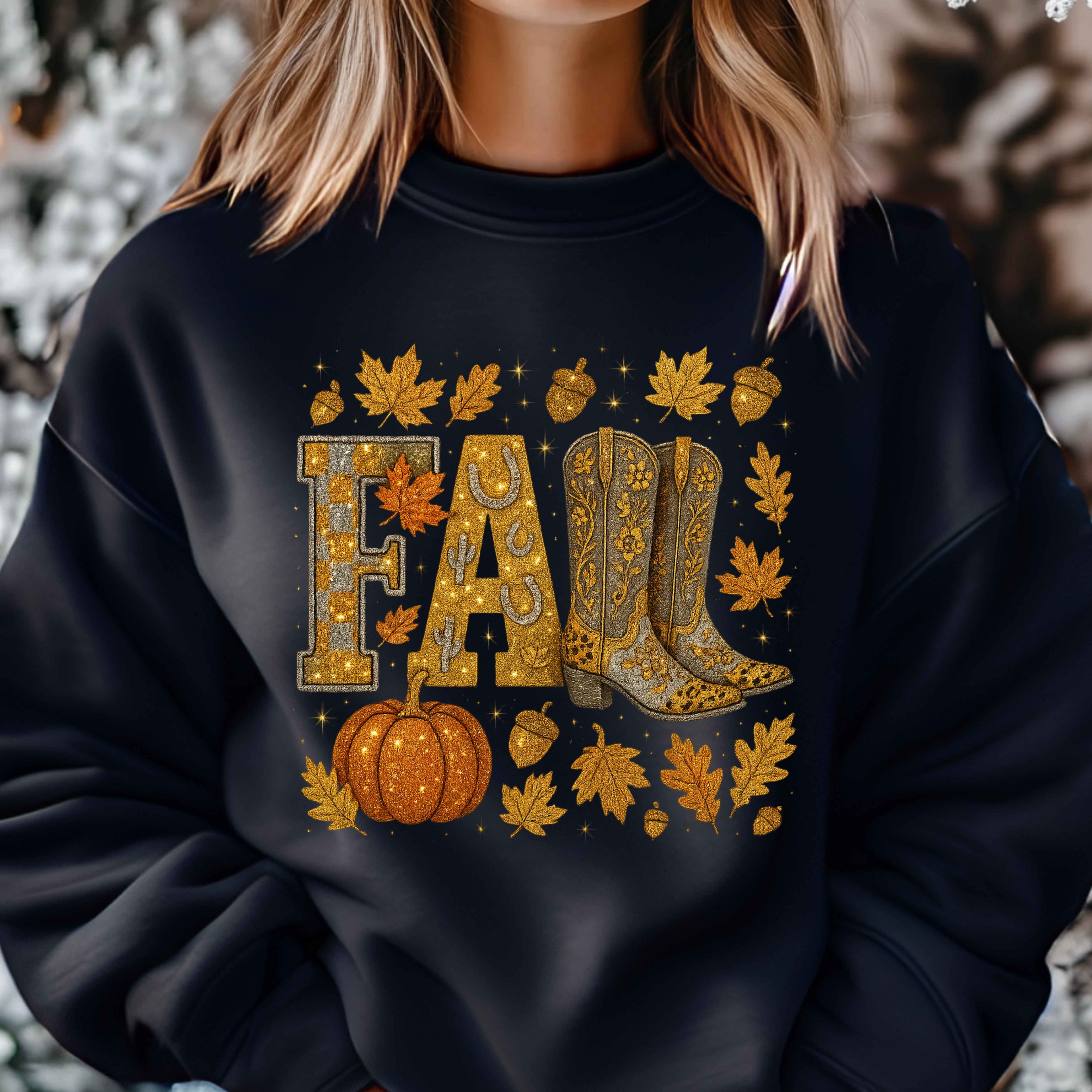 Western Bling Fall Leaves Pumpkin Crewneck Pullover Sweatshirt