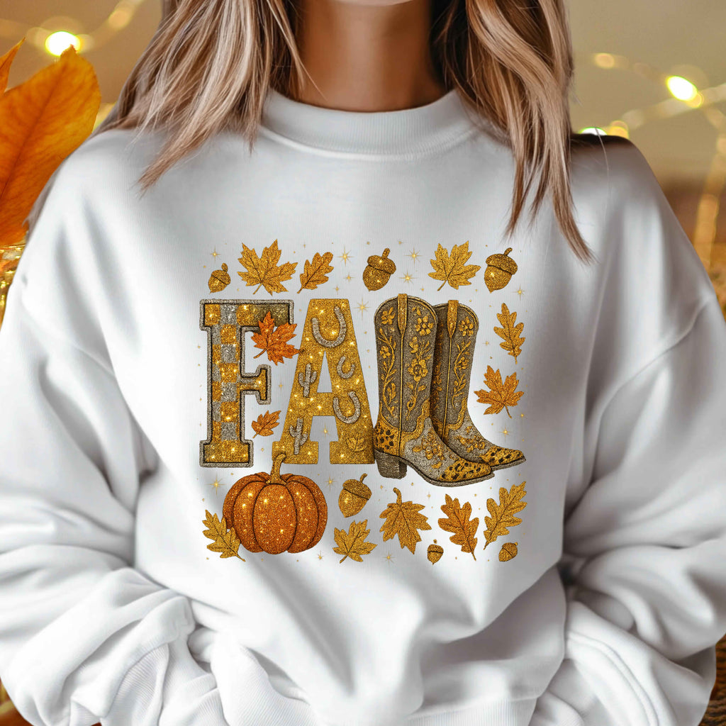 Western Bling Fall Leaves Pumpkin Crewneck Pullover Sweatshirt