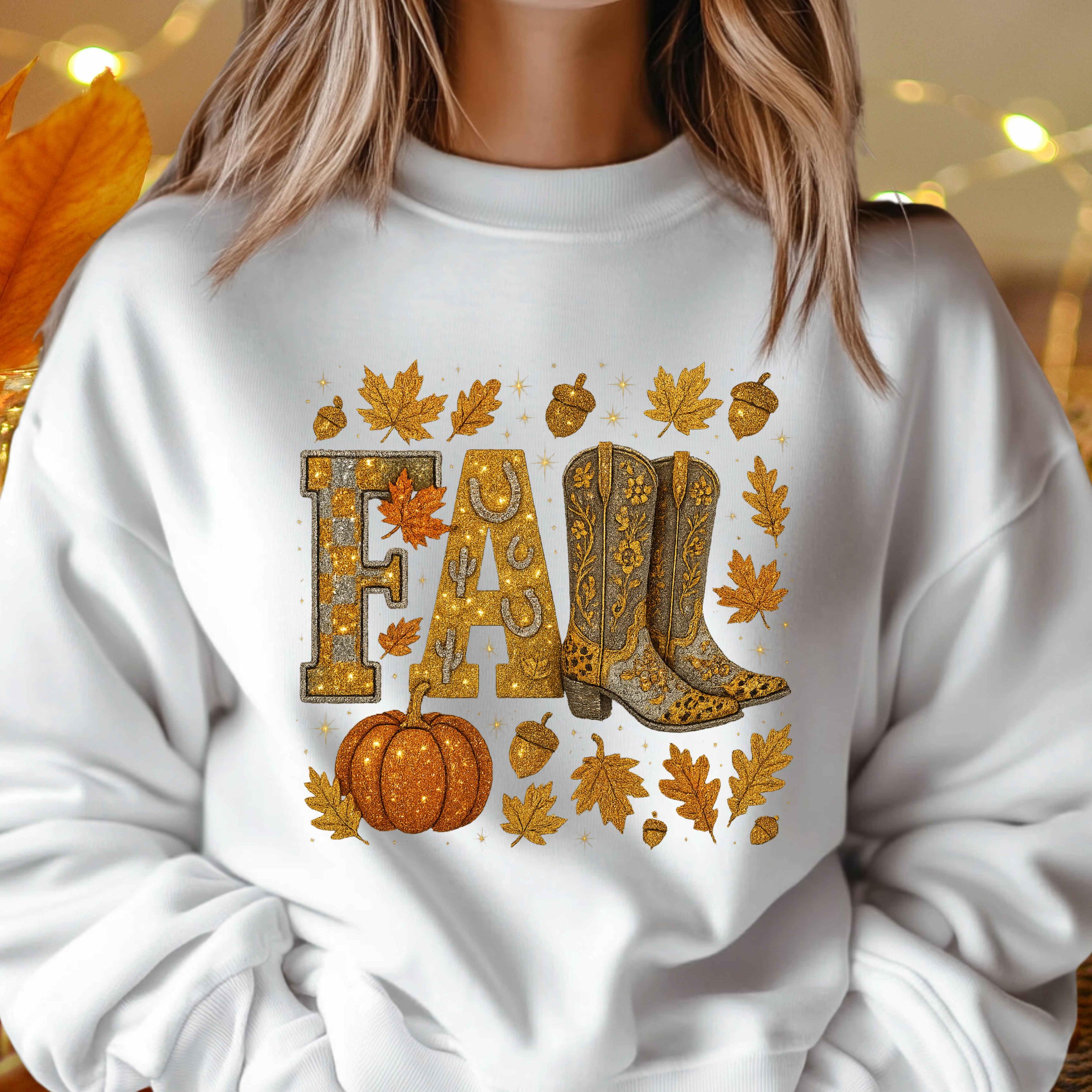 Western Bling Fall Leaves Pumpkin Crewneck Pullover Sweatshirt