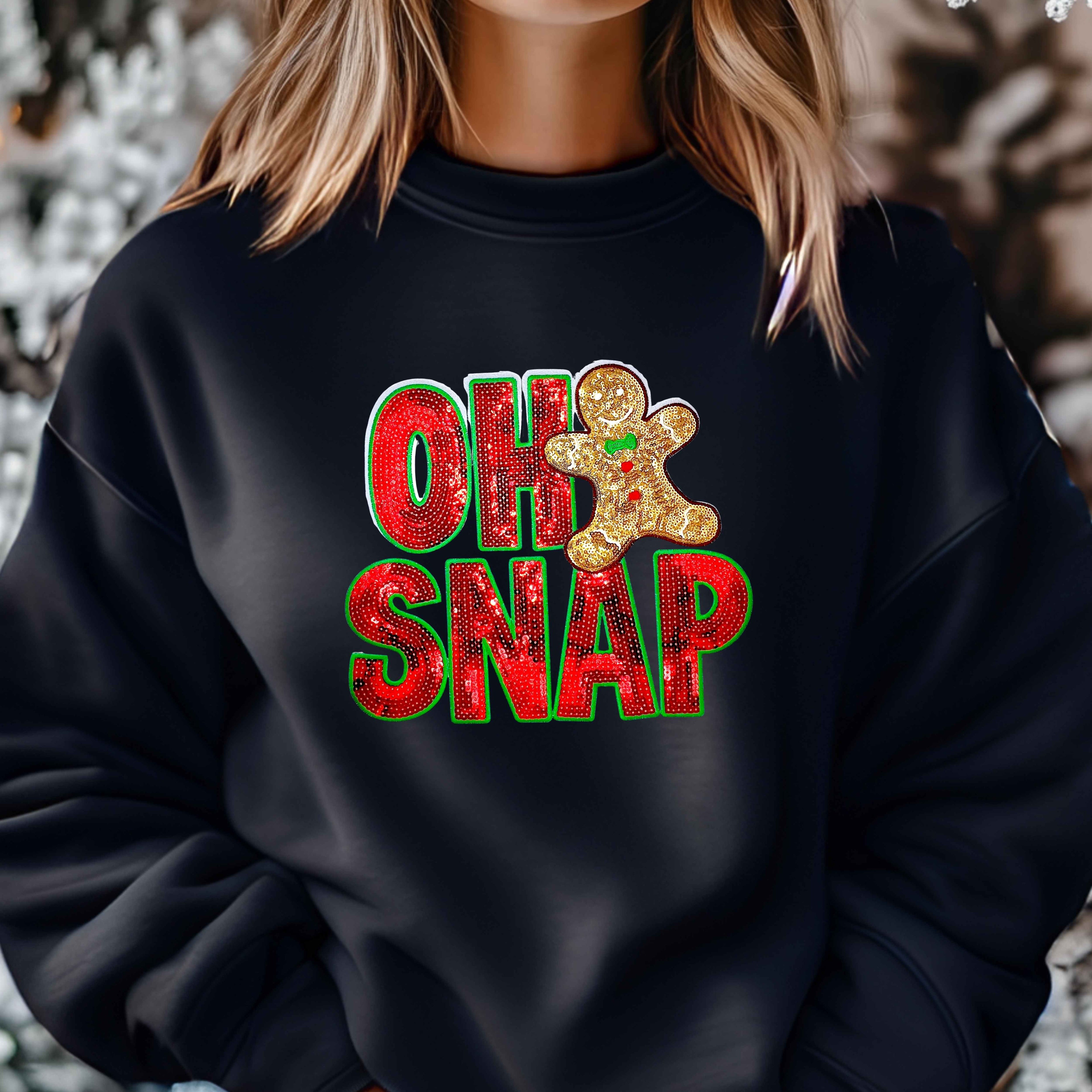 Festive Gingerbread Man Sequin Patch Sweatshirt | Cute & Funny Oh Snap Design