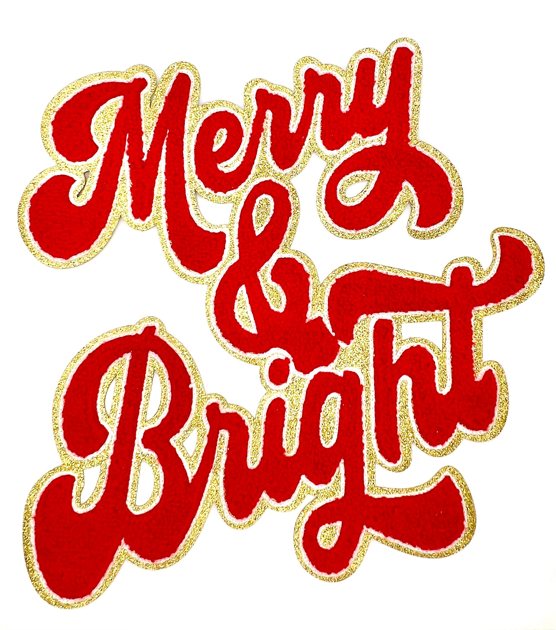 “Merry & Bright” Red Christmas Chenille Shimmer Embroidered Iron-On Patch