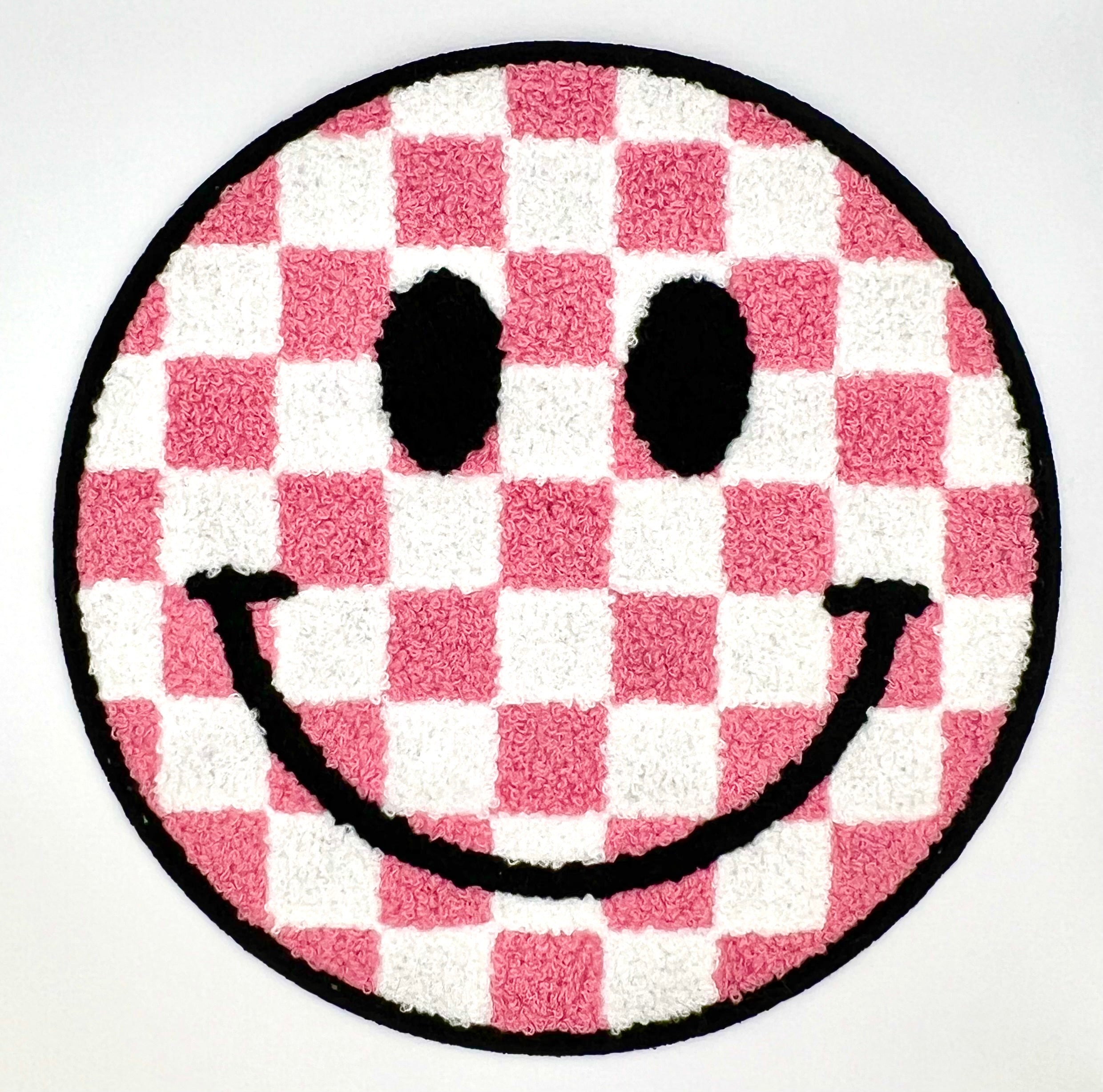 Retro Pink and White Checker Chenille Embroidered Iron-On Patch