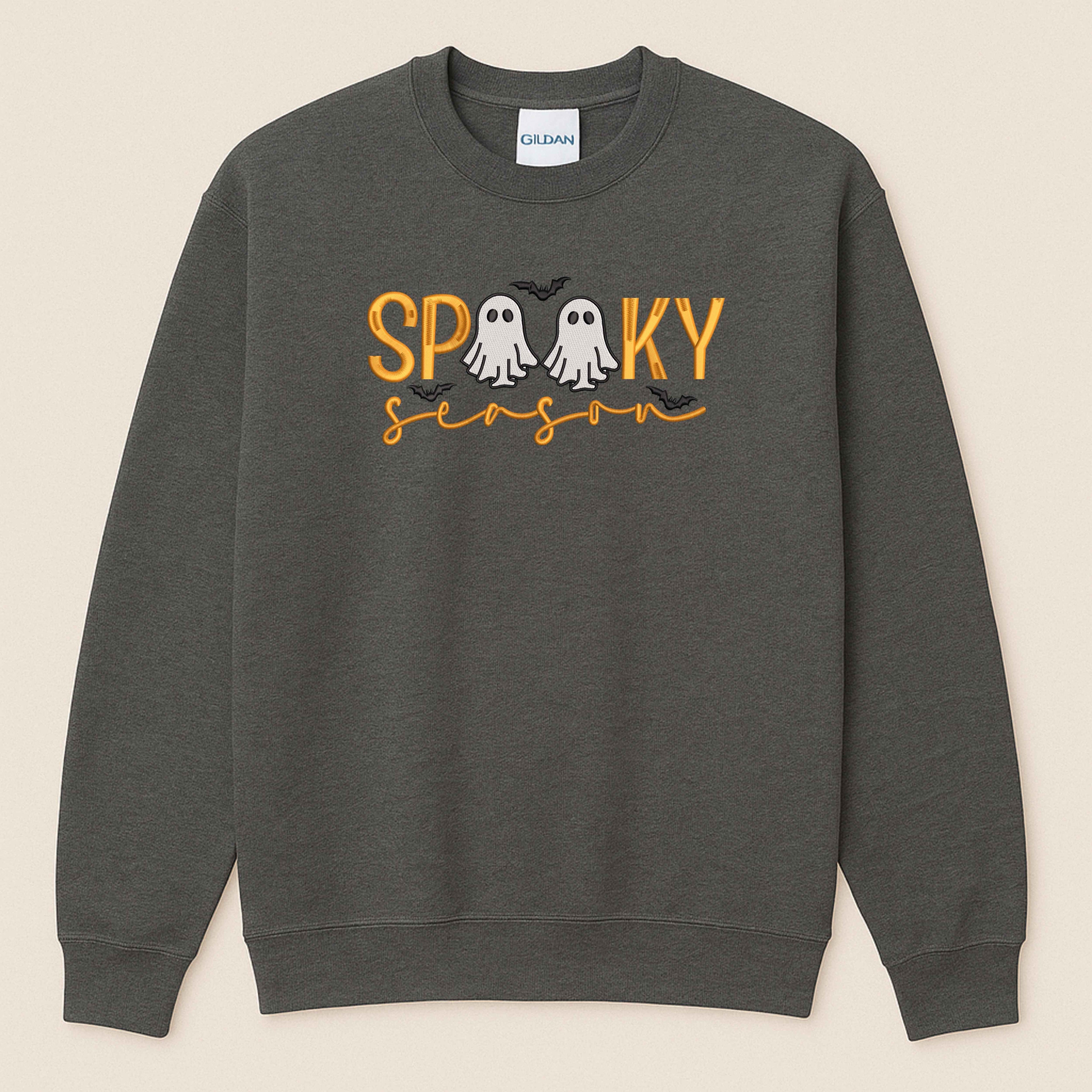 Spooky Season Embroidered Sweatshirt | Cute Ghost & Bat Halloween Design