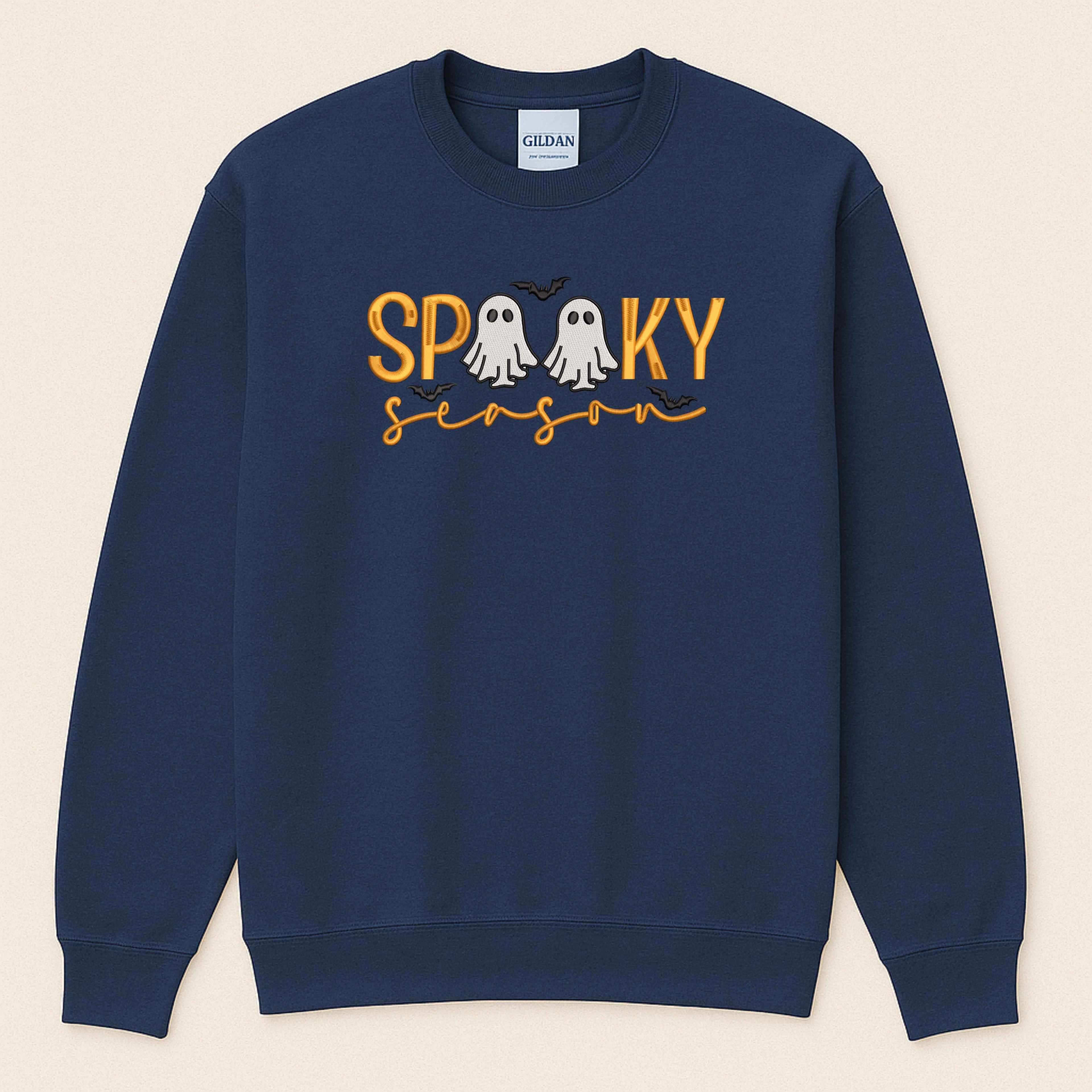 Spooky Season Embroidered Sweatshirt | Cute Ghost & Bat Halloween Design