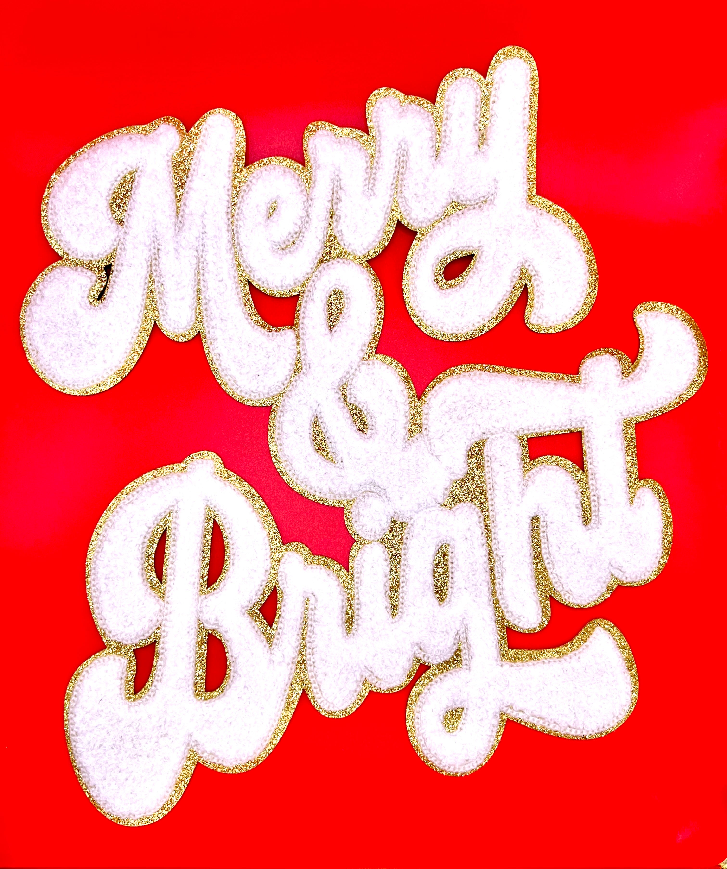 “Merry & Bright” White Christmas Chenille Shimmer Embroidered Iron-On Patch
