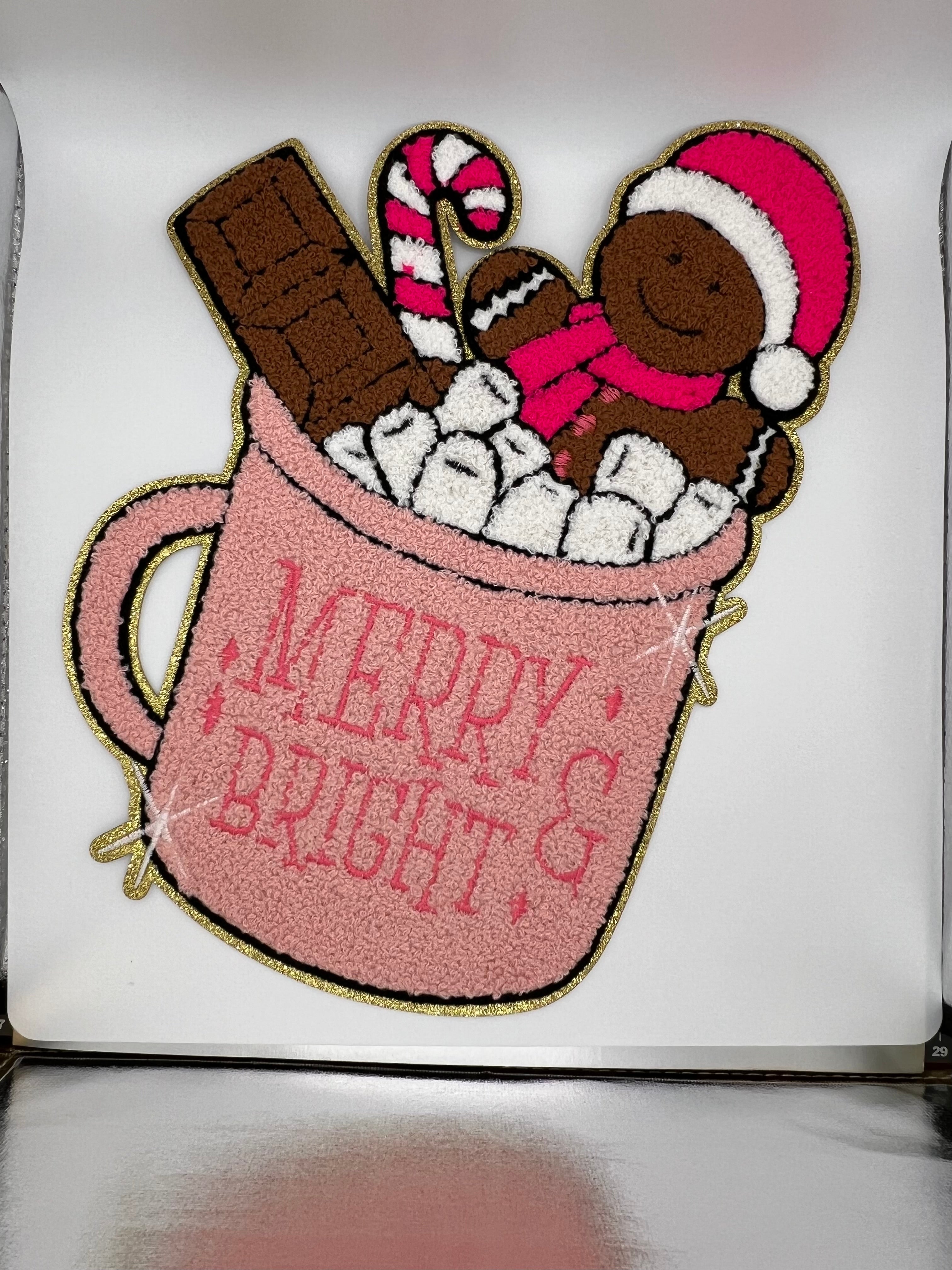 Gingerbread in a Mug Chenille Shimmer Embroidered Iron-On Patch