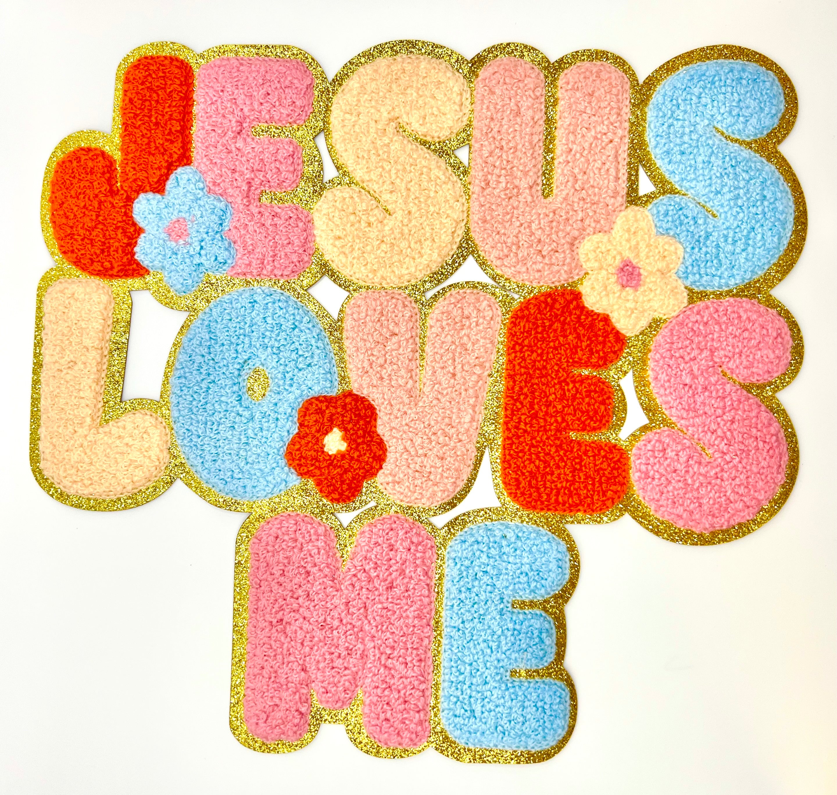 Jesus Loves Me Chenille Shimmer Embroidered Iron-On Patch