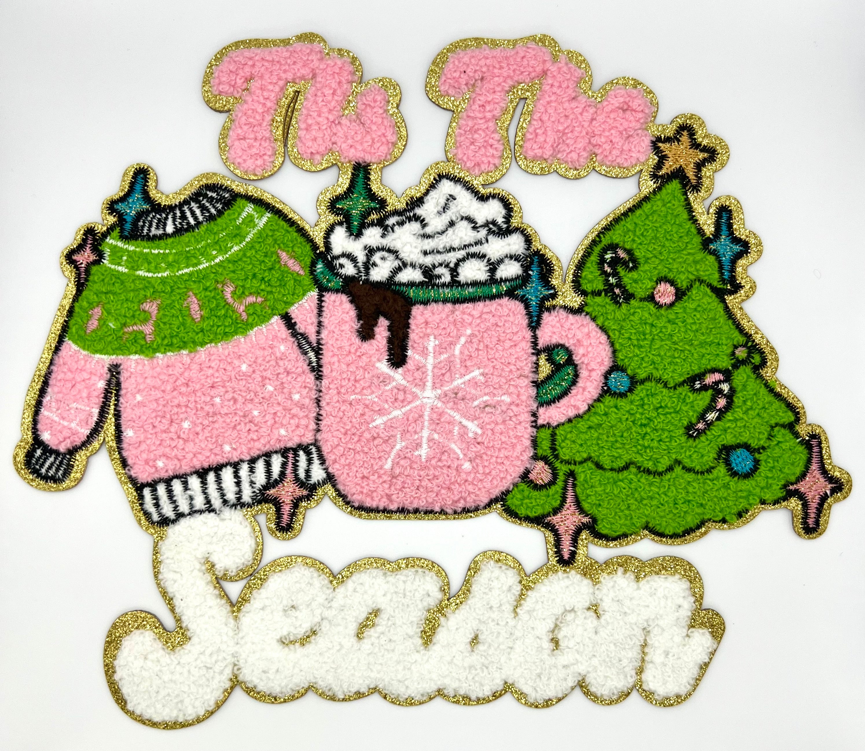 ‘Tis the Season Retro Christmas Chenille Shimmer Embroidered Iron-On Patch