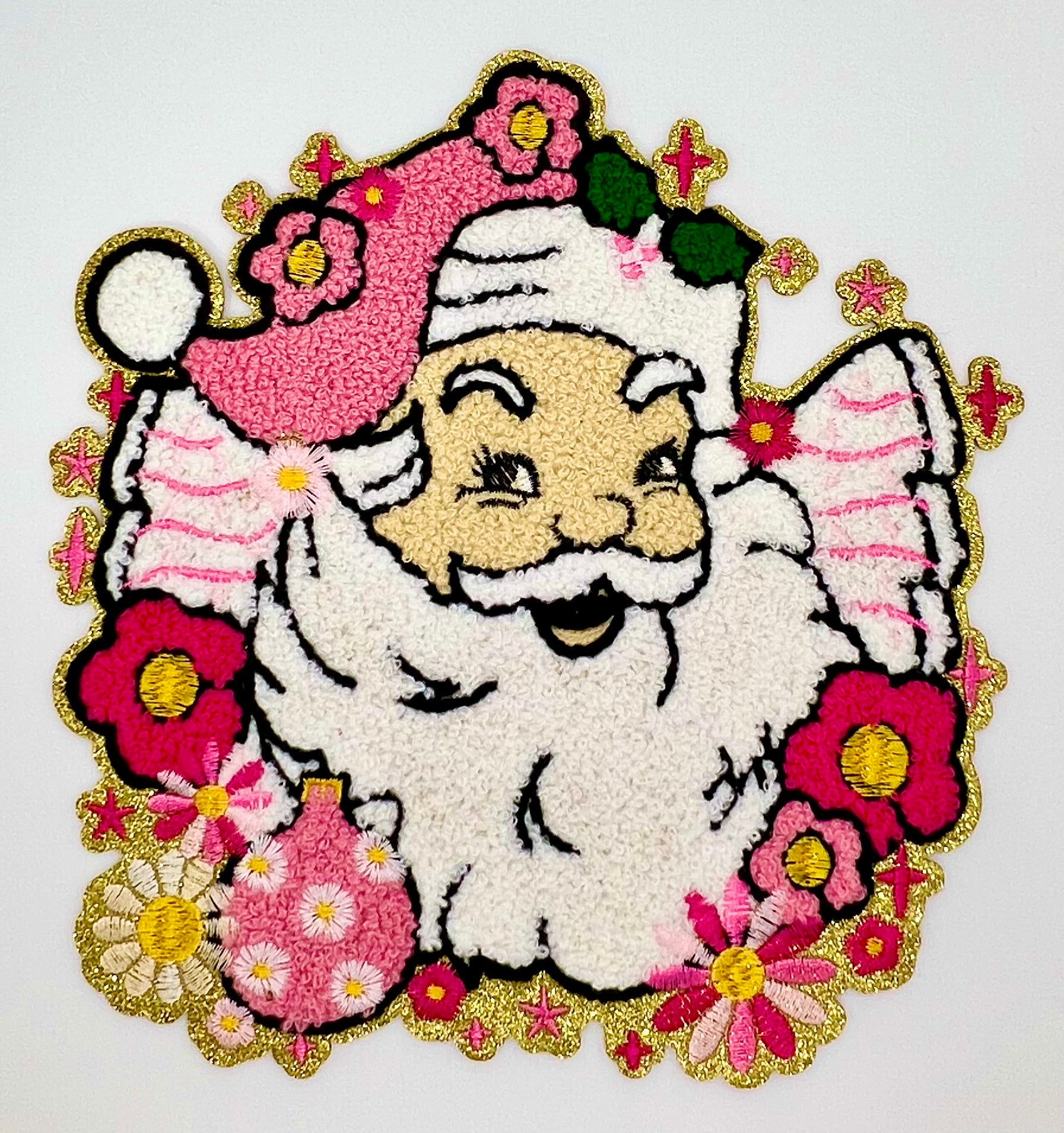 Floral Retro Santa Christmas Chenille Shimmer Embroidered Iron-On Patch